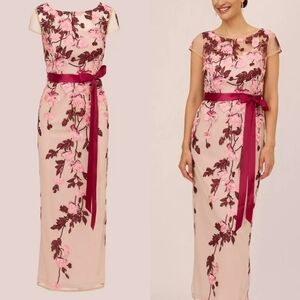 Adrianna Papell Cream and Burgundy Floral Midi Dress